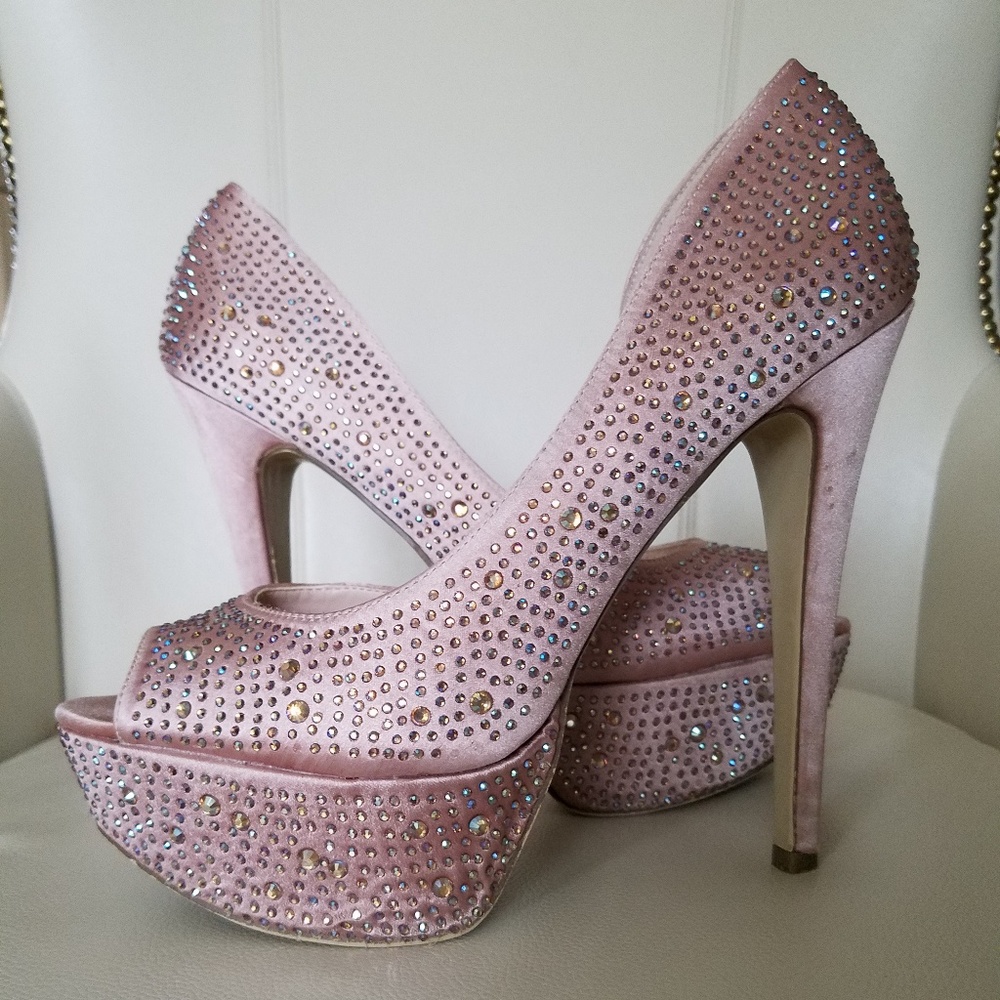 BAKERS Rhinestone and Satin Platform Heels